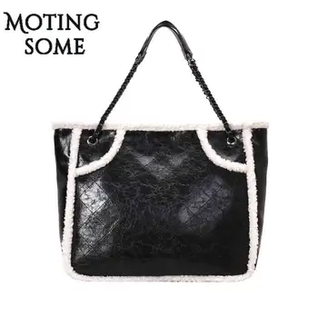 

Winter Trend Causal Women Tote Bag Female PU Leather + Polar Fleece Handbag Large Shopper Bag Chic Chains Shoulder Tote 2020 New