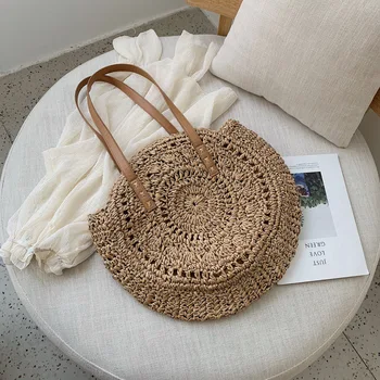 

Jin Mantang Handbag Shoulder Bag Fashion New Ladies Shoulder Beach Bag Hand-woven Bag Paper Rope Hollow Round Straw Bag