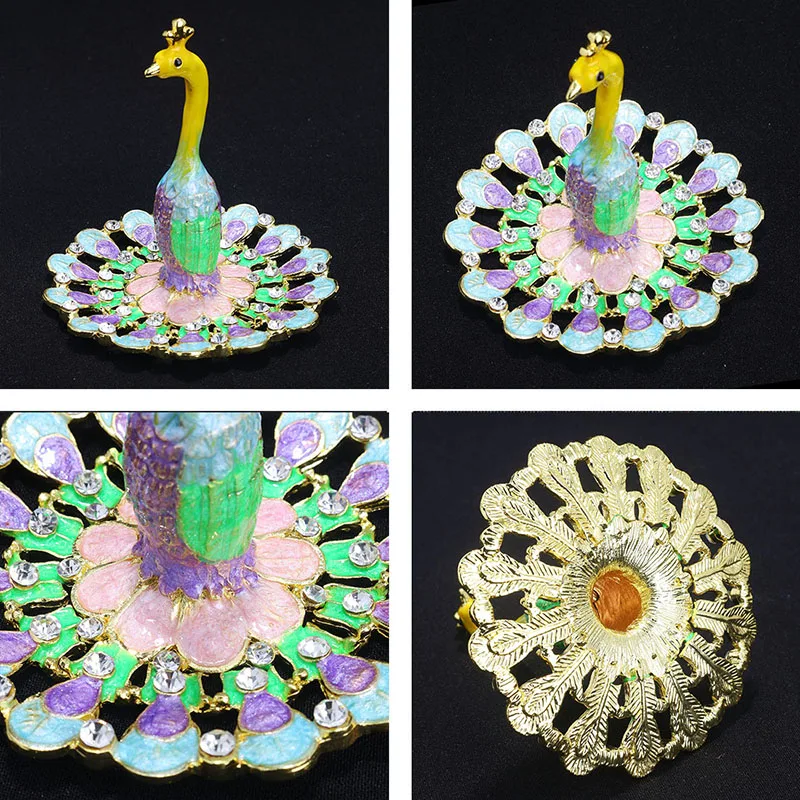 H&D 6 styles Handmade Bejeweled Peacock Trinket Boxes Hinged Metal Ring Holder Jewelry Collectible Wedding Home Christmas Decor