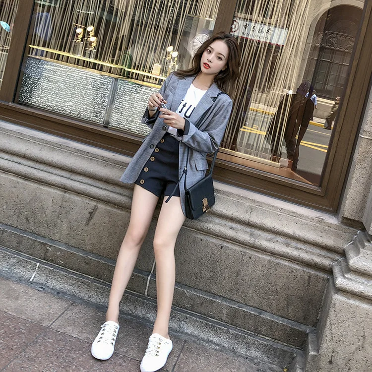 Куртка в клетку для фотосессии, женский короткий костюм, новинка, британский стиль, свободный крой, корейский стиль, онлайн, знаменитостей, Блейз