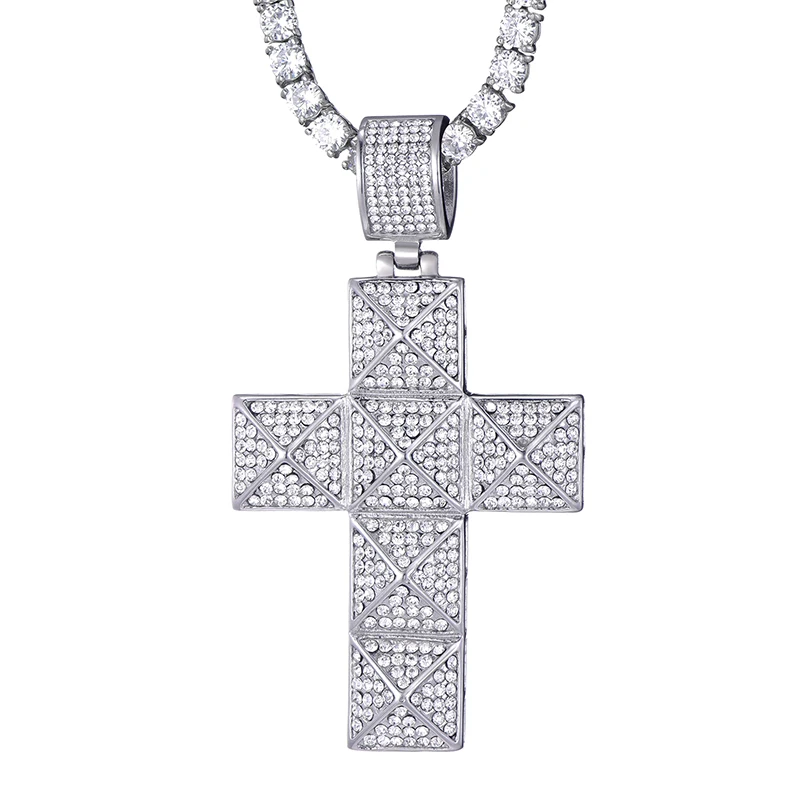 US7 Bling Micro Pave полный кулон крест со стразами и ожерелья из нержавеющей стали для мужчин хип хоп ювелирные изделия - Окраска металла: Посеребренный