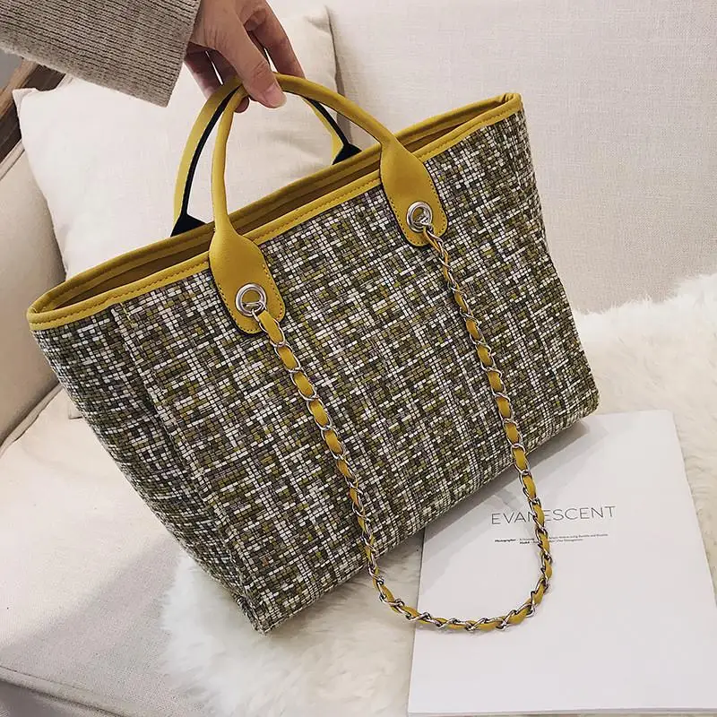 

Women Big Tote bags 2019 Contrast PU Leather Handbags Women's Designer Handbag Large Tweed Chains Shoulder Bucket Bag