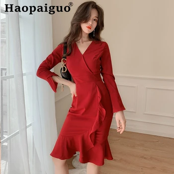 

Plus Size Autumn Dress Women Flare Sleeve Corset Ruffles Midi Wrap Dress Women Soild Package Hip Oversized Dresses Ladies Elbise