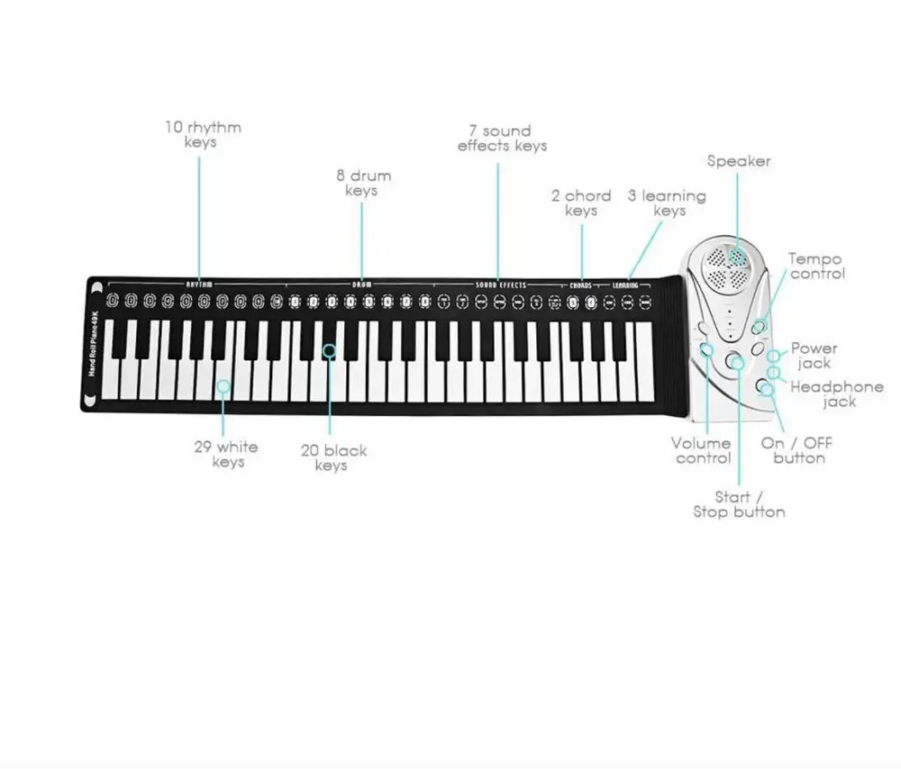  49-key horned hand roll piano portable folding keyboard can be rolled up piano children beginners p