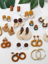  AENSOA Multiple 27 Style Korea Handmade Wooden Straw Weave Rattan Vine Braid Drop Earrings New Fashion Geometric Long Earrings 