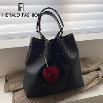 

Fashion Large Capacity Women Handbag with Fur Ball Casual Travel PU Leather Canvas Female Tote Top-Handle Bag Patchwork Office