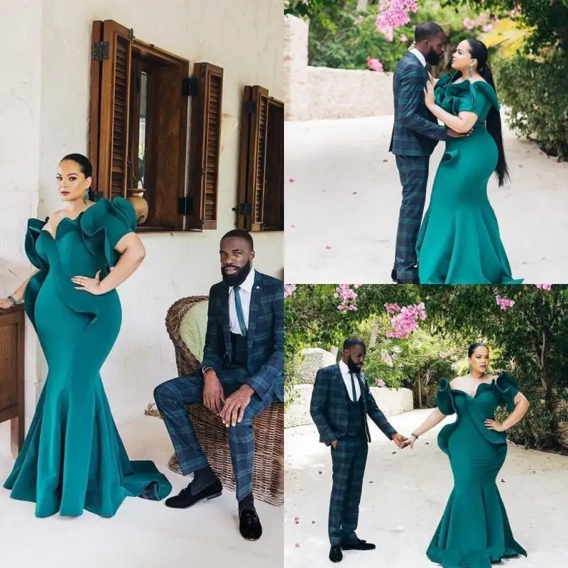 

Hunter Green African Mermaid Evening Dresses Plus Size Short Sleeve Ruffles Prom Dress Floor Length Cheap Formal Evening Gowns