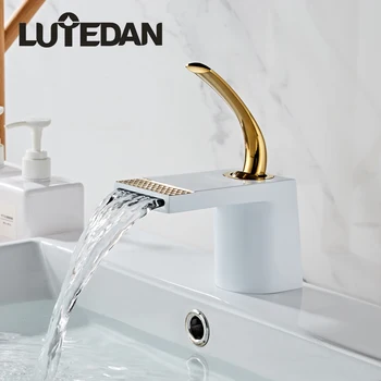 

Lutedan Brushed Golden New Design Bathroom Sink Faucet Deck Mounted Single Hole Mixer Taps Both Hot and Cold Water Faucets