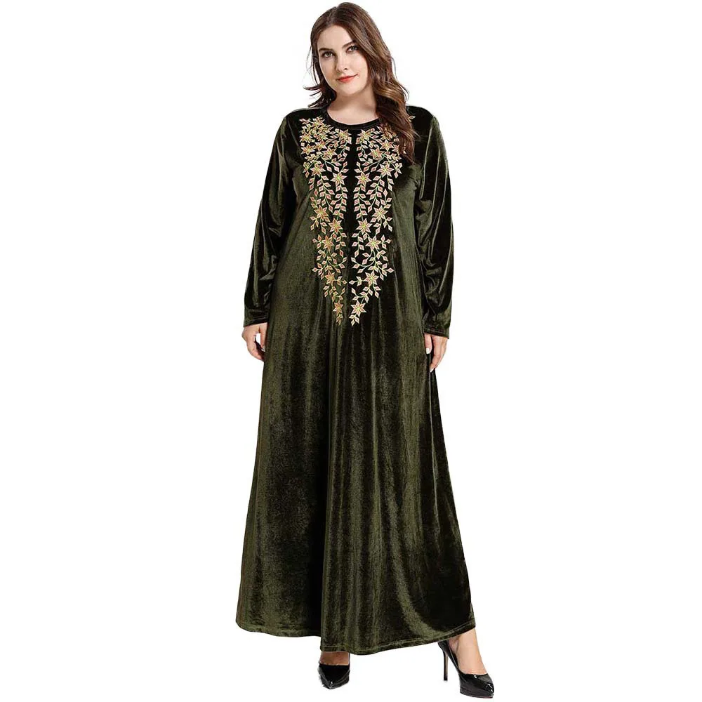 

Fashion elegant plus size women's dignified army green velvet long robe plant embroidered long-sleeved Muslim casual large dress