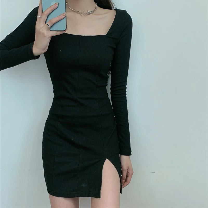 Sexy split black dress longsleeves square collar vintage Korea ins miniskirt bag hip tight party skirt straight club women dress cocktail dresses