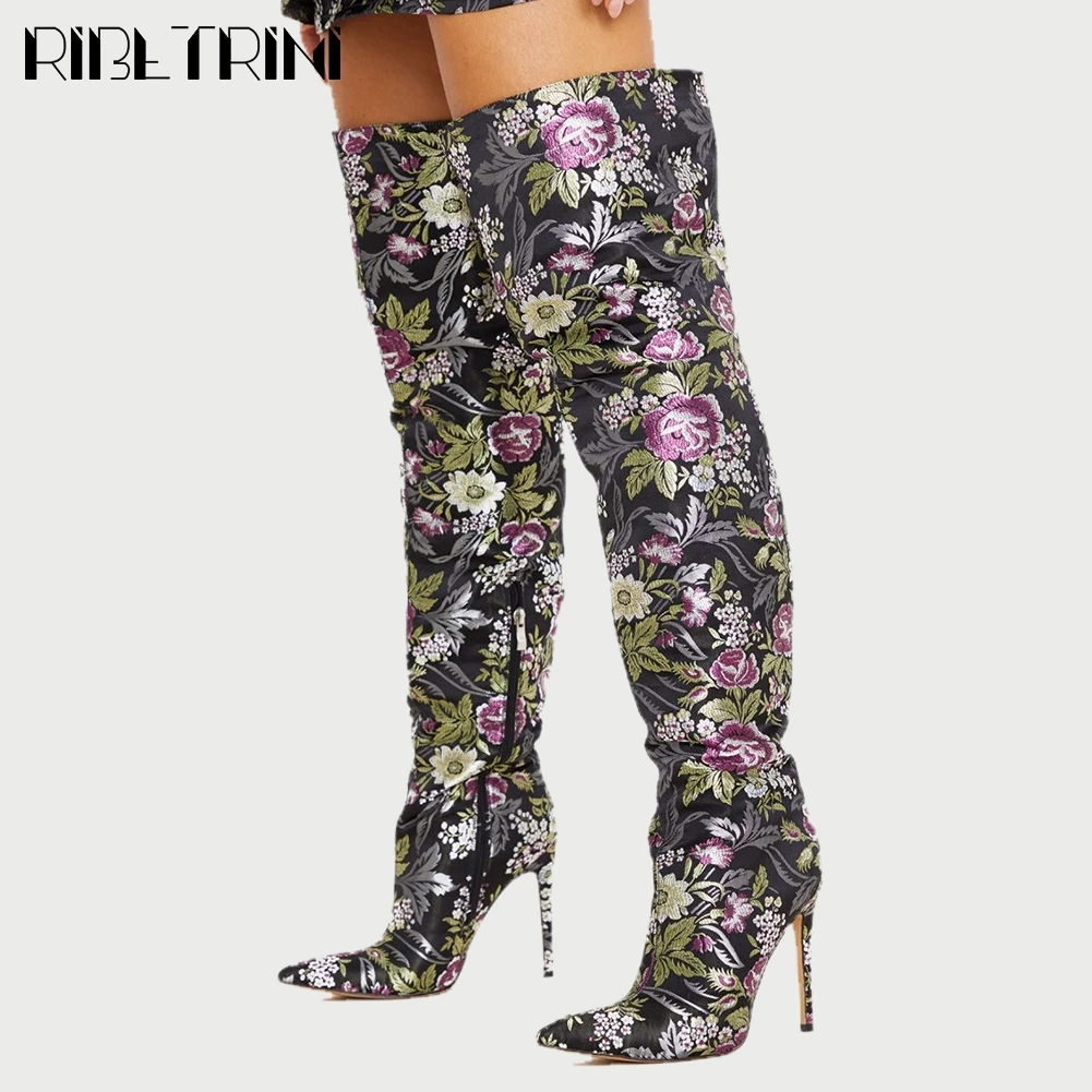 

New 35-43 Lady Brand Floral Thigh High Boots Women Sexy Embroider Over Knee Boots Pointed Toe High Heel Shoes Woman
