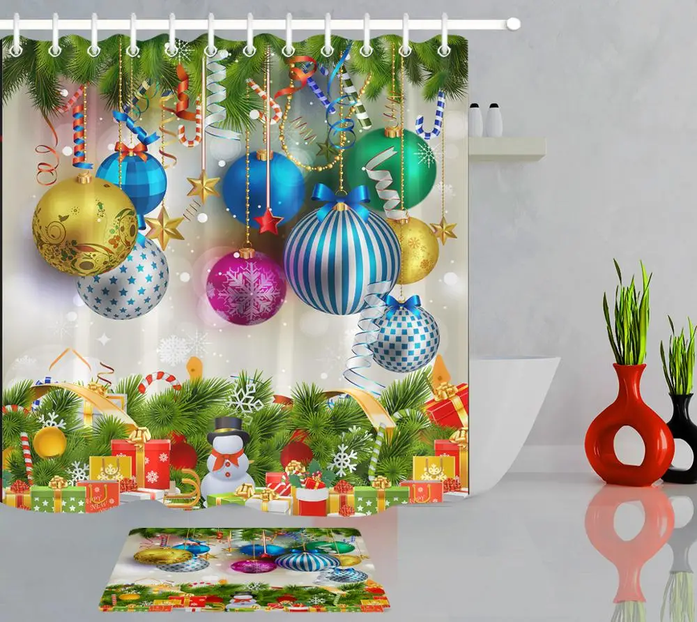 Merry Christmas Baubles Xmas Tree Shower Curtain Set Bathroom Waterproof Fabric 