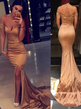 

Champagne Mermaid Long Evening Dress Sexy Off The Shoulder Side Split Design Spandex Fabric Women Sweep Train Prom Gown