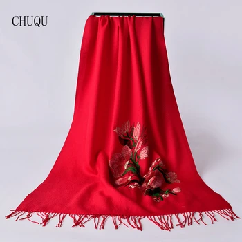 

Winter 100% Wool Scarf Shawls Wraps For Women Solid Flower Embroidery Warm Wool Scarves For Female Ladies Scarf Pashmina