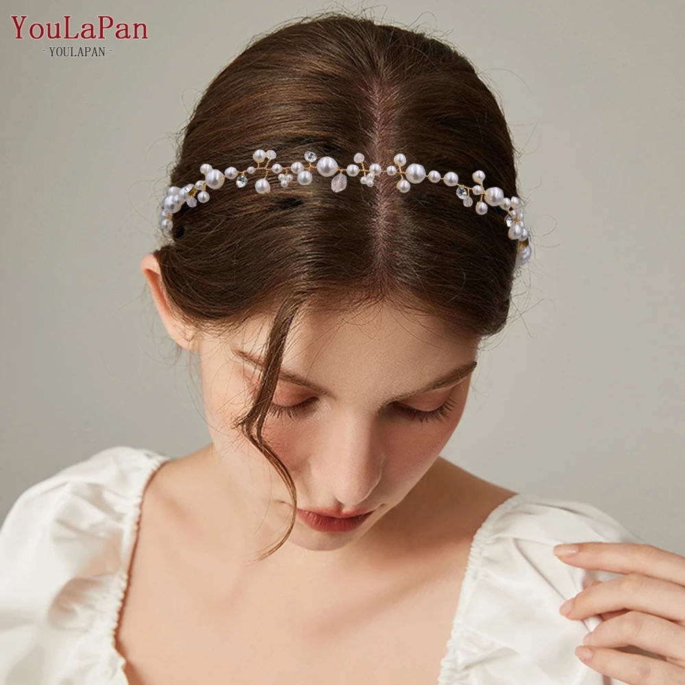 TOPQUEEN Handmade Peal Hairband Beaded Rhinestone Wedding Headband Bride Headwear Party Jewelry Wedding Accessories