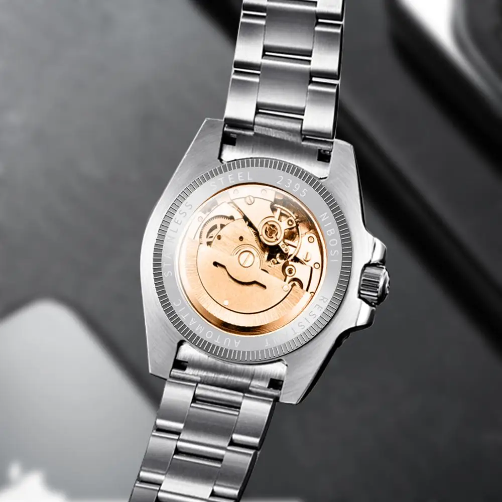Роскошные автоматические мужские часы NIBOSI механические из нержавеющей стали с