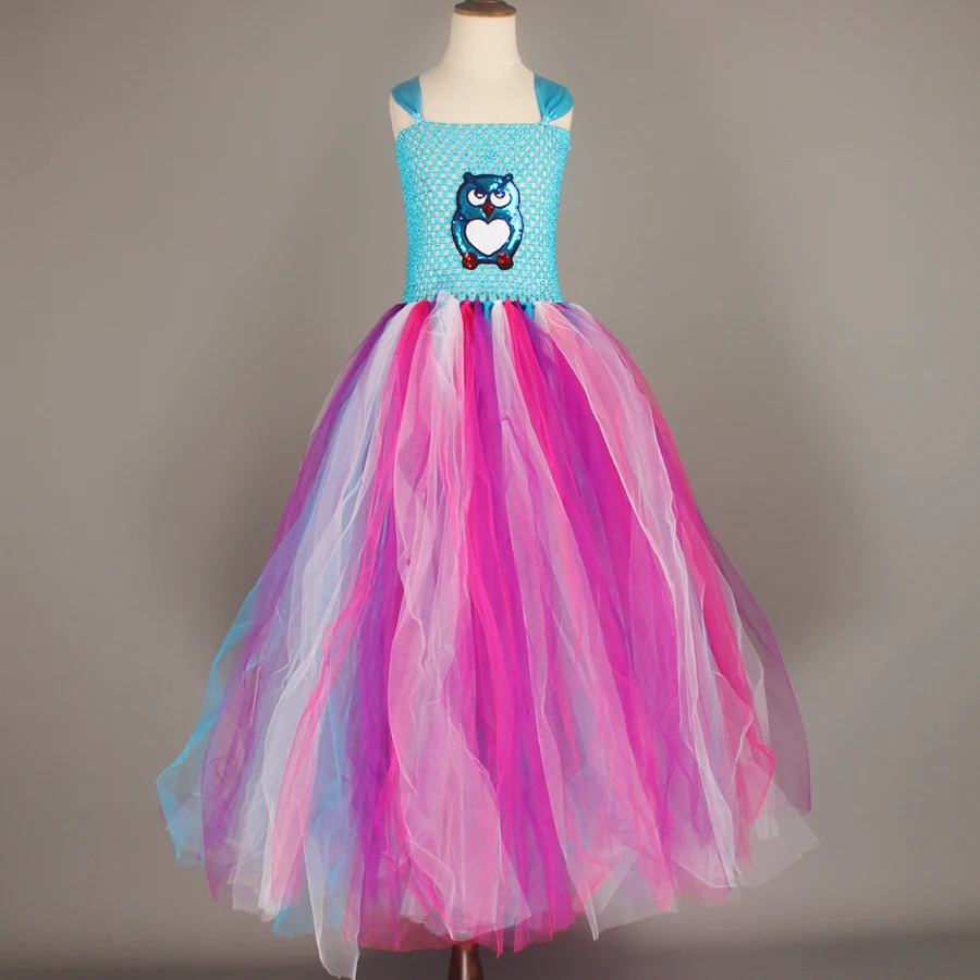 Fluffy Girls Blue Owl Gown Tutu Dress With Feather Hair Clip Children Birthday Party Pageant Animal Costume Kids Photo Dress (9)