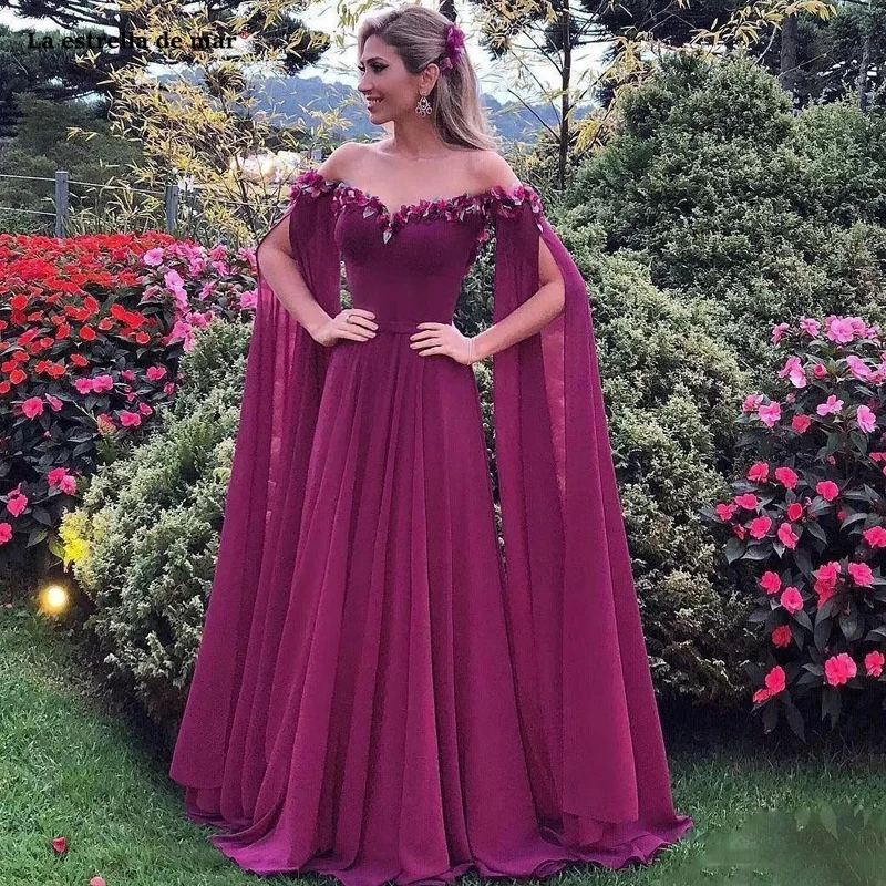 

vestidos de fiesta de noche new chiffon 3D flower V neck OFF shoulder A Line fuchsia formal evening dresses long sleeve prom