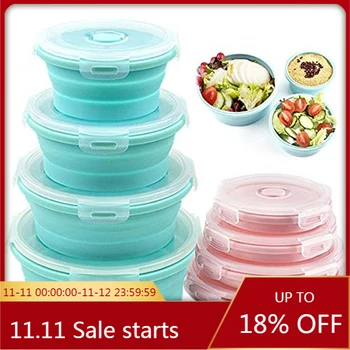 

1/3/4Pcs Round Silicone Bento Boxes Set Portable Collapsible Lunch Box Microwave Refrigerator Fruit Foods Preservation Container