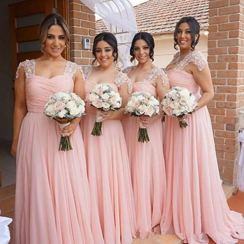 

Charming Cap Seelve Pink Chiffon Beaded Ruffle Wedding Guest Dresses Vestidos Para Dama De Honor