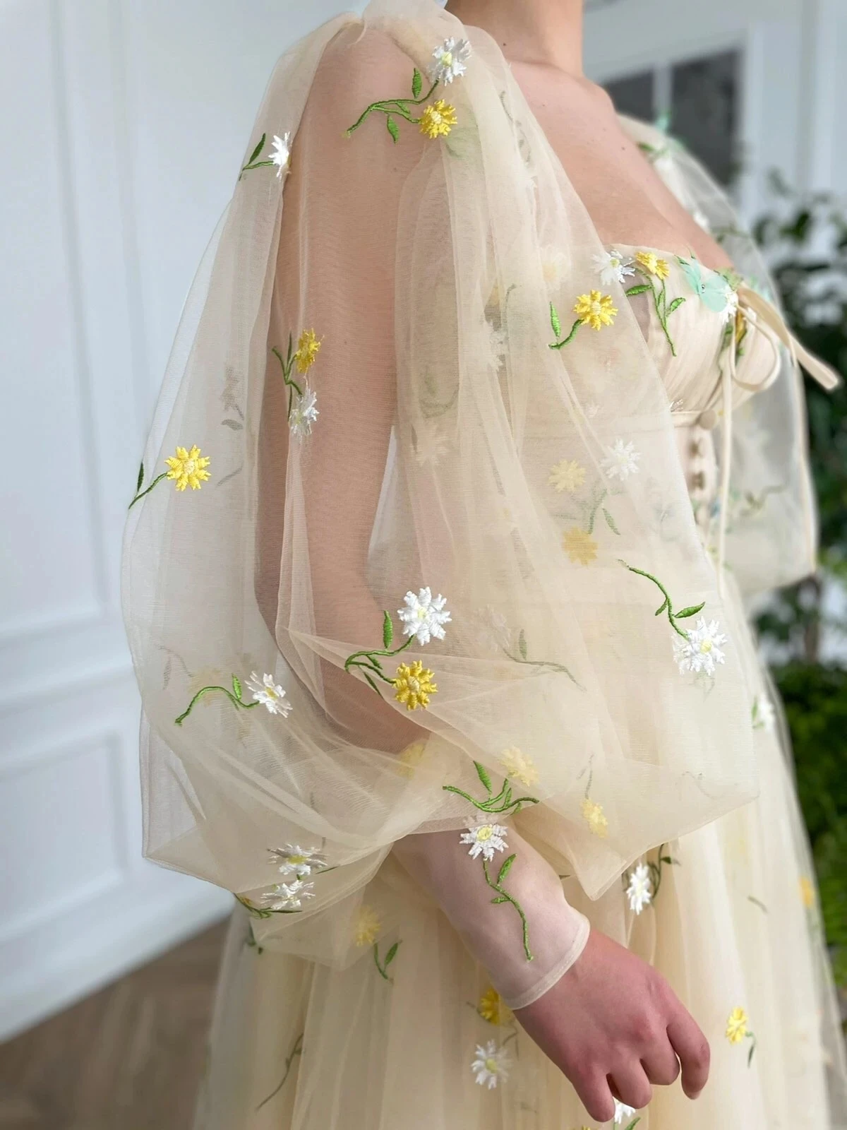 LORIE Square Neck Prom Dresses Long Puff Sleeves Embroidery Tulle Prom Gowns A-Line Ankle-Length Wedding Party Dresses