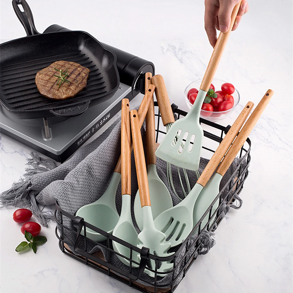 911PCS Silicone Cooking Utensils Set Non-stick Spatula Shovel Wooden Handle Cooking Tools Set With Storage Box Kitchen Tools (2)