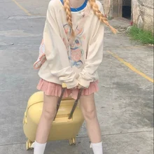 

Deeptown Kawaii Cartton Rabbit Print Hoodies Women Korean Style Harajuku Beige Long Sleeve Female Pullover Sweatshirt Cute Tops