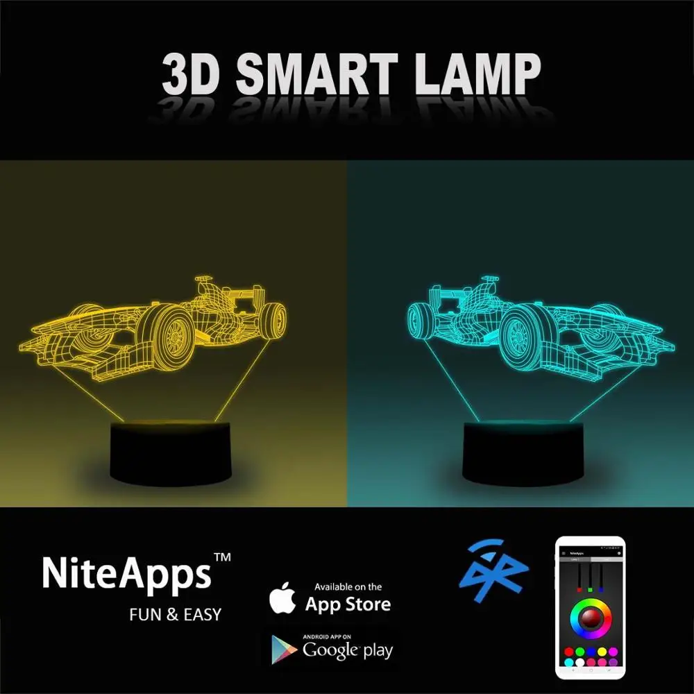 NiteApps 3D гоночный автомобиль ночник настольная лампа Иллюзия украшение лампа подарок на день рождения приложение/сенсорное управление