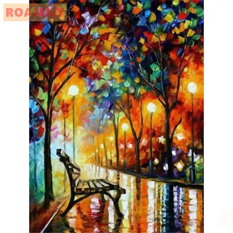 ROAMILY DIY полный дисплей алмазная живопись дождь город ночь улица Алмазная картина