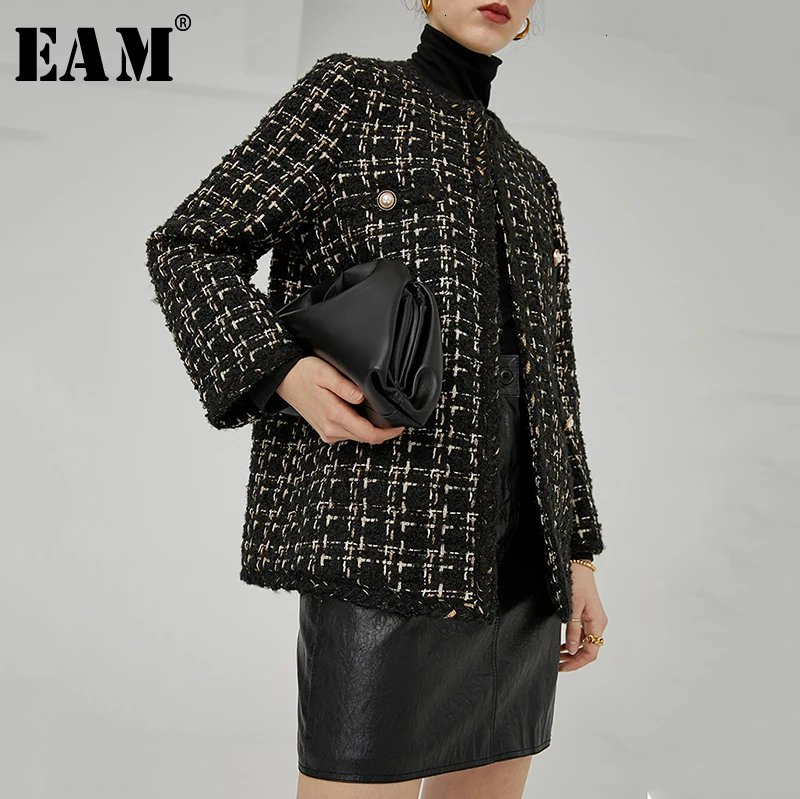 awesome  [EAM] Loose Fit Black Plaid Tweed Temperament Jacket New Lapel Long Sleeve Women Coat Fashion Tide 