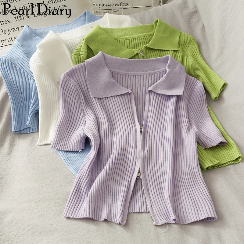 

Pearl Diary Women's Rib Knitted Polo Neck Shirt With Front Zipper Female Slim Fit Crop Cardigans Plain Short Sleeve Chic Tshirt