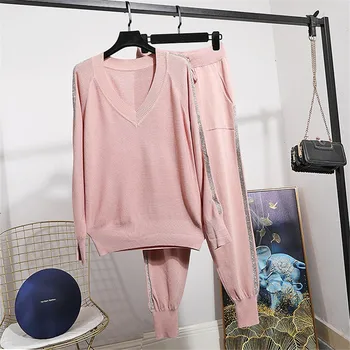 

Black Gray Pink Tracksuit Set Female Loose V-Neck Long sleeve Knitted Sweater Pencil Pants Two Piece Set Women Sports Knit 2pc