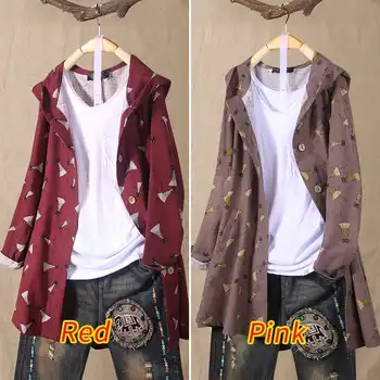 

Plus Size Women's Casual Printed Tops Spring Long Sleeve Printed Blouse Coats Female Hooded Cardigans Female Button Shirts