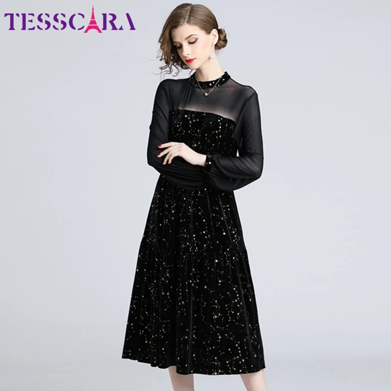 TESSCARA, женское осеннее элегантное бархатное платье, женские сетчатые дизайнерские Коктейльные Вечерние платья, высокое качество, платья в стиле знаменитостей