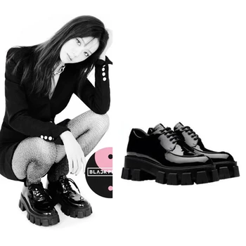 

kpop Blackpink Lisa same black Women dance Leather Shoes British style Student Height Increase Lace up Platform leather shoes