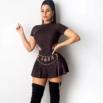 

Sexy 2 Piece Set Women Summer Clothes Short Sleeve Two Piece Set Bodysuit Crop Top and Mini Skirt Set Club Bodycon Matching Sets