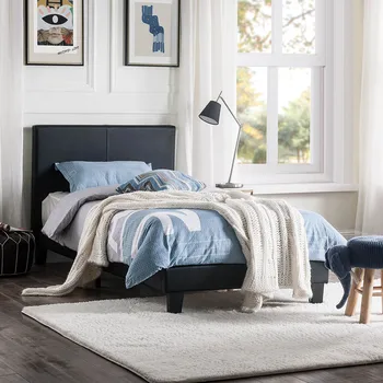 

Modern Platform Bed Frame Streamlined Profile High-quality wood Frame Faux Leather Upholstery Bedroom Furniture