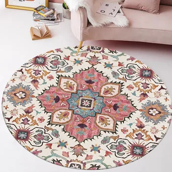 

Ins Nordic Ethnic Style Round Carpet Pink Flower Printed Carpet American Moroccan Bedroom Bedside Blanket Living Room Sofa Mat