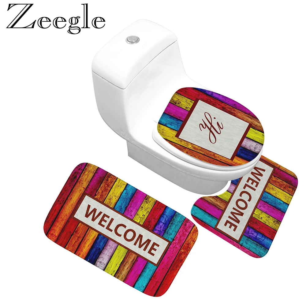 Zeegle 3Pcs/set Bathroom Mat Set Anti Slip U Shaped Bath Mat Coral Fleece Floor Mats Washable Bathroom Toilet Rug