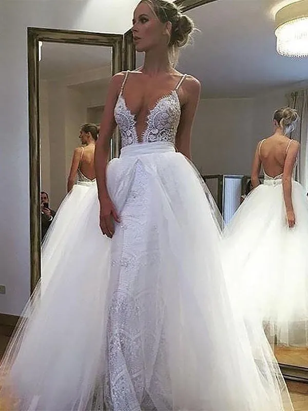 

A-Line/Princess Tulle Lace Spaghetti Straps Sleeveless Floor-Length Wedding Dresses
