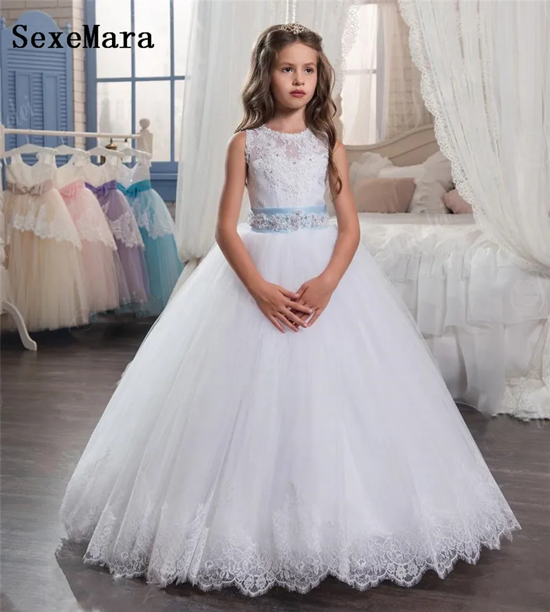 Wit Baljurk Lace Applique Bloem Meisje Jurk voor Bruiloft met Sash Kids Kleding Kinderen Eerste Communie Jurk Maat 2-16Years Wit Baljurk Lace Applique Bloem Meisje Jurk voor Bruiloft met Sash Kids Kleding Kinderen Eerste Communie Jurk Maat 2-16Years