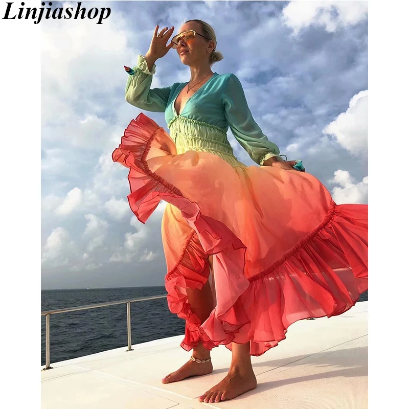 

Summer boho maxi dress rainbow colorful gradient long sleeve beach dress button loose female vestidos