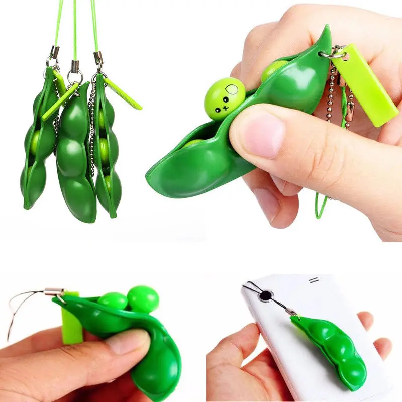 Green Soybean Pea Squeeze Bean Keychain Charm Stress Relieve Funny Extrusion Toy Trinkets Christmas Cute