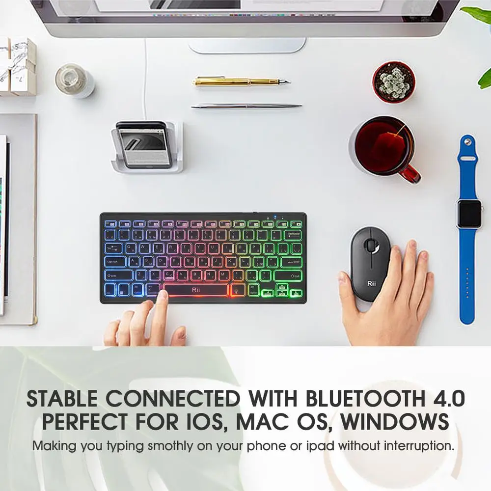 Múltipla sem Fio Recarregável para Ios Android e Macbook Led com Bateria Bluetooth Teclado Retroiluminado Rii 4.0 Cor - Imagem 3