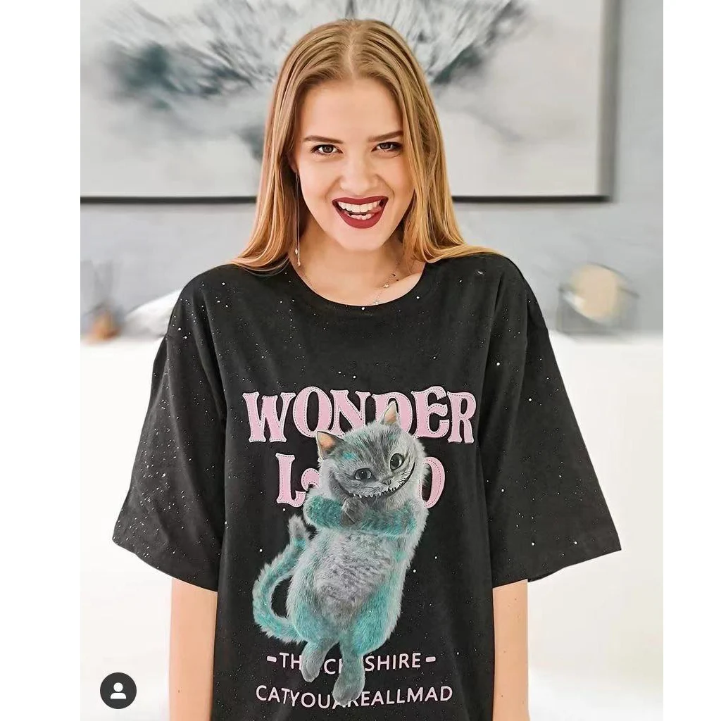 ELFSACK Harajuku Cat Print Casual T-Shirts Women,2021 Spring ELF Vintage Short Sleeve Female Basic Daily Graphic Tops