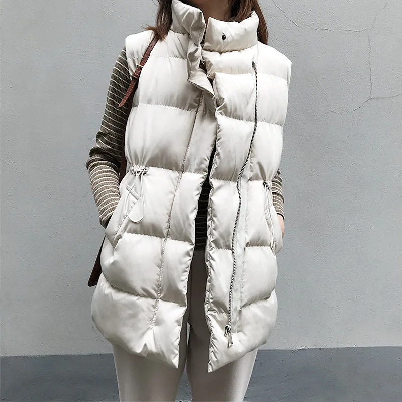 

Winter Long Sleeveless Vest Coats Women Stand Neck Slim Cotton Padded Jacket Vests Korean Fashion Zipper Jacket Woman Waistcoat