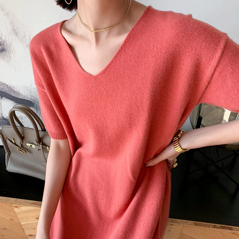 High-End Cashmere V- Neck Women Casual Long Knees