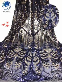 

Beautifical nigerian lace fabrics High quality african tulle lace for women 5yards embroidery sequins lace fabric ML7N193