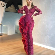 Темно-фуксия Кристалл бисером Русалка Вечерние платья полный рукав длинные оборки длинные вечерние платья красивые официальные платья