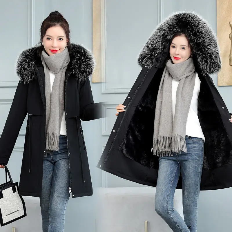 Winter Lengthened and Thickened Hooded Cotton Windbreaker Warm Coat for Pregnant Women Plus Size Fur Collar